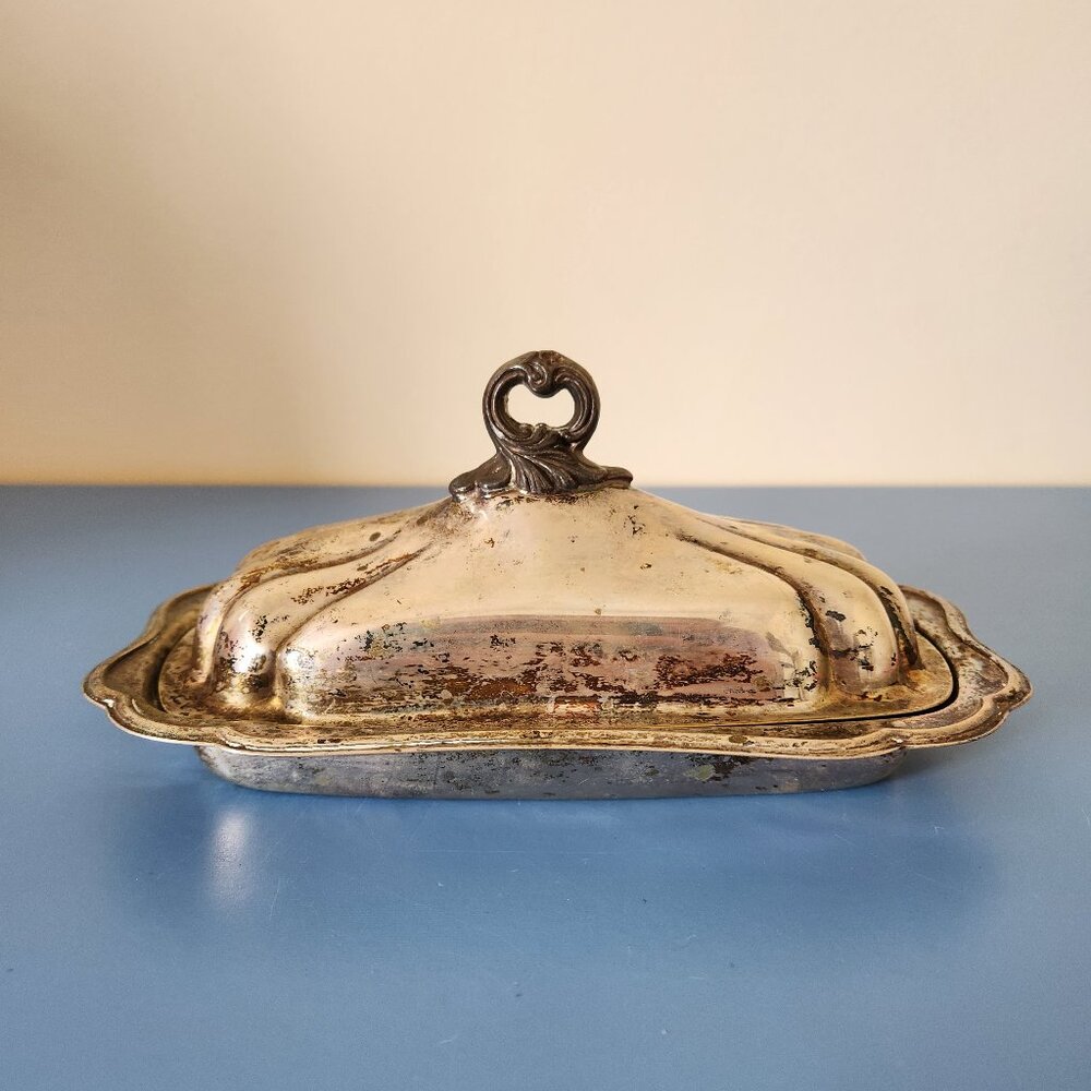 SILVER PLATED BUTTER DISH WITH LID, FB ROGERS SILVER CO, DINING, ANTIQUE